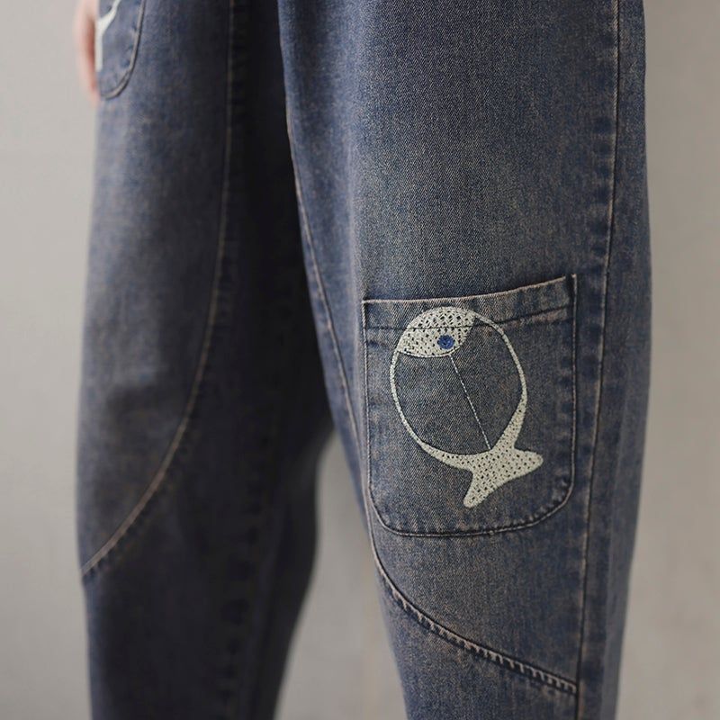 Lente Vrouwen Vis Borduurwerk Patchwork Jeans