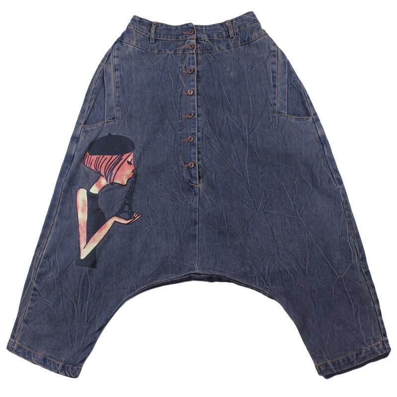 Lente Zomer Afdrukken Denim Dames Loshangende Broek