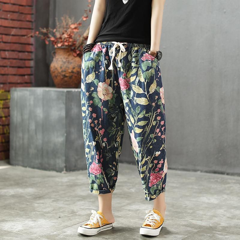 Lente Zomer Losse Bloemenprint Hallen Denim Broek