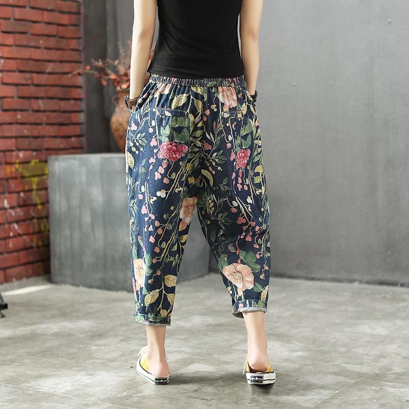 Lente Zomer Losse Bloemenprint Hallen Denim Broek