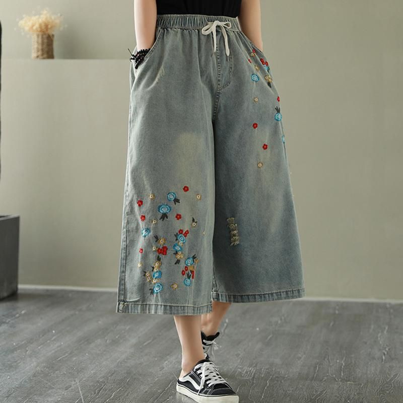 Losse Casual Cropped Broek Met Wijde Pijpen En Borduursels