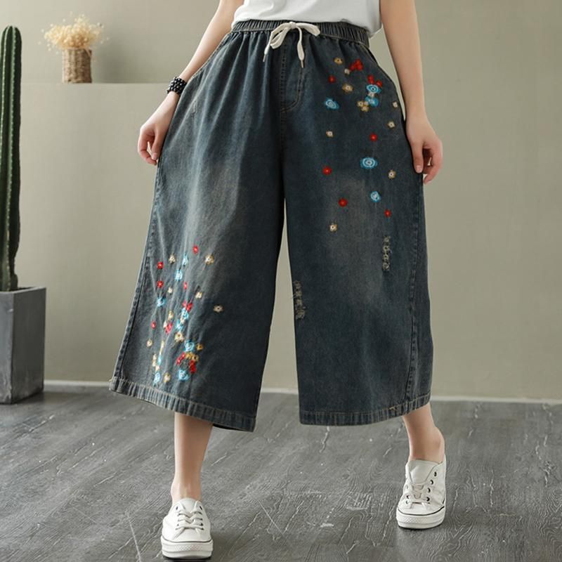 Losse Casual Cropped Broek Met Wijde Pijpen En Borduursels