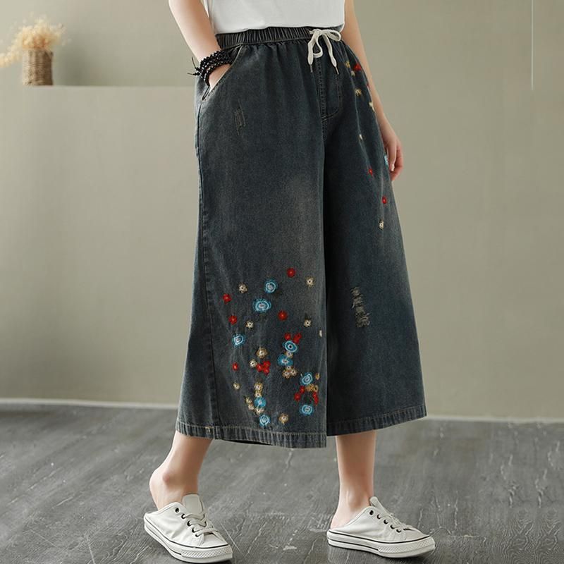 Losse Casual Cropped Broek Met Wijde Pijpen En Borduursels