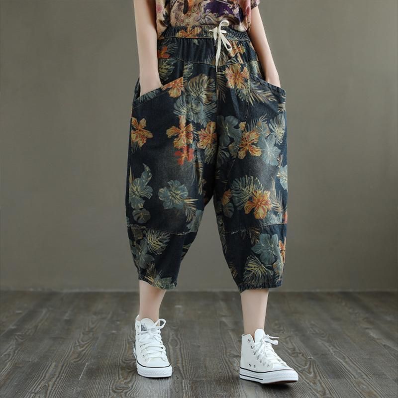 Plus Maat Losse Retro Bloemen Bedrukte Denim Broek