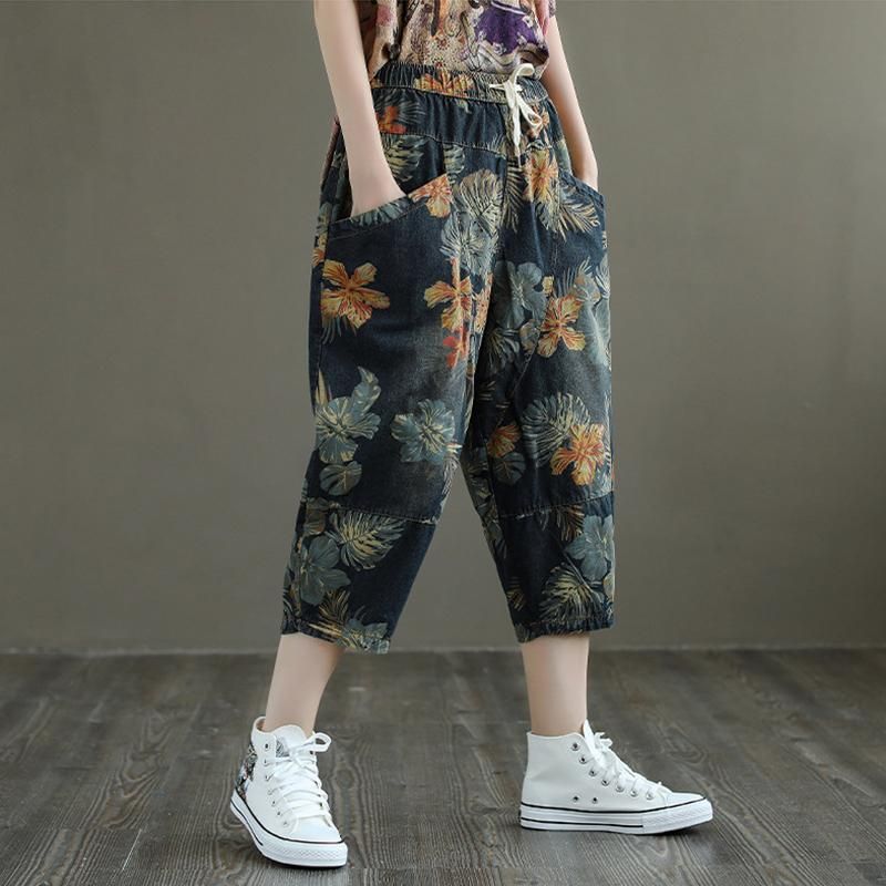 Plus Maat Losse Retro Bloemen Bedrukte Denim Broek