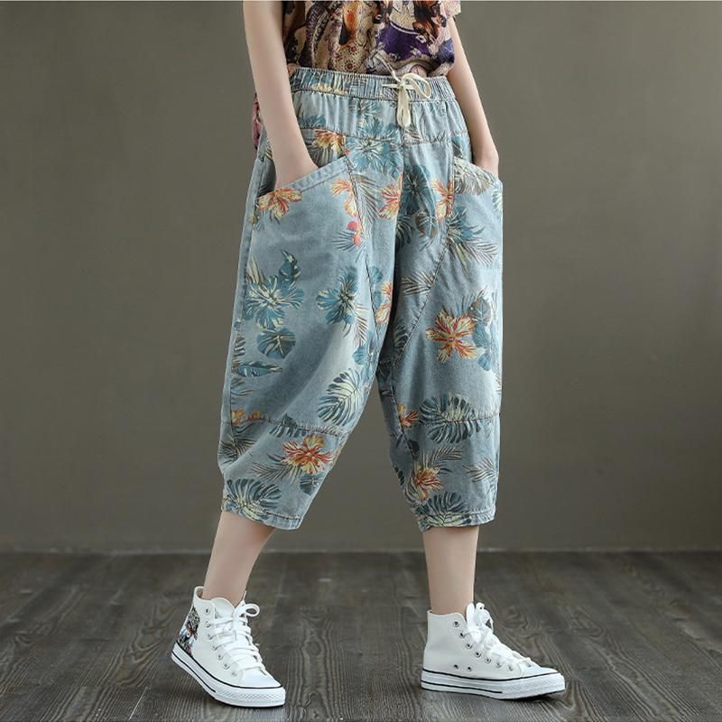 Plus Maat Losse Retro Bloemen Bedrukte Denim Broek