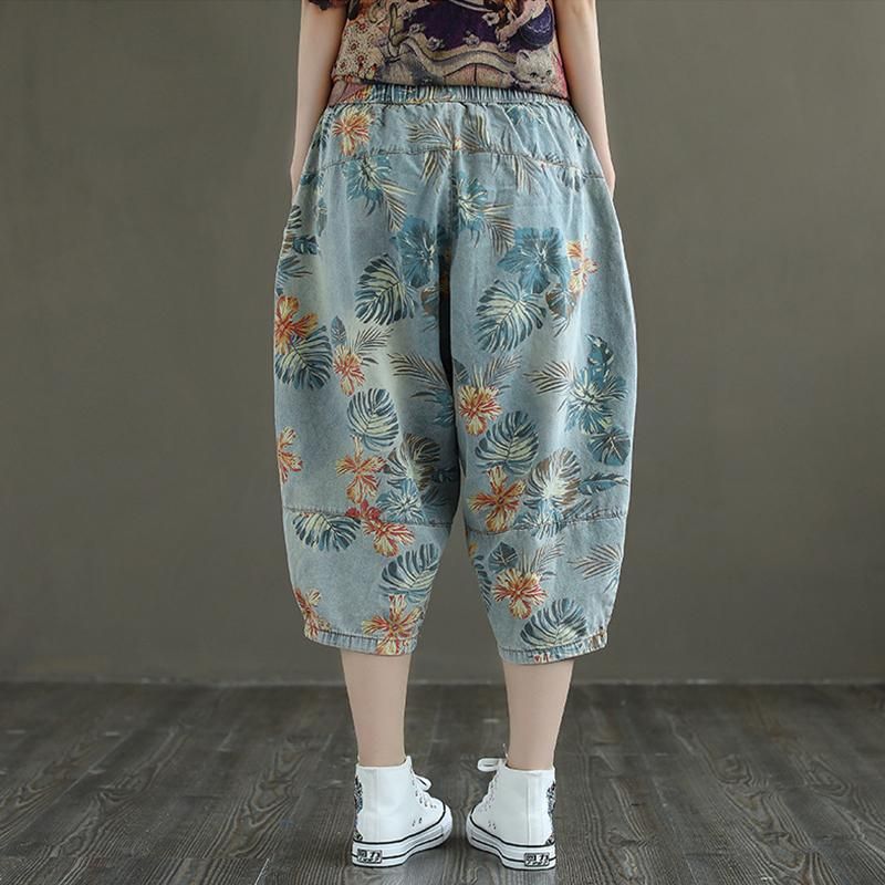 Plus Maat Losse Retro Bloemen Bedrukte Denim Broek