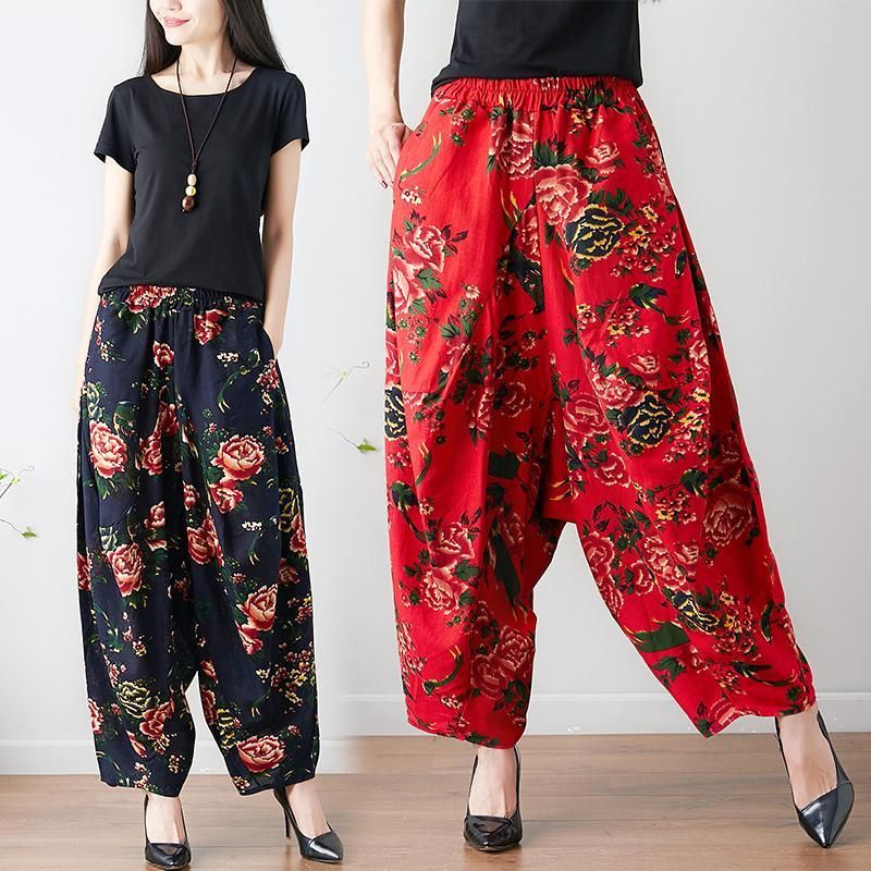 Retro Bloem Etnische Chinese Stijl Linnen Broek