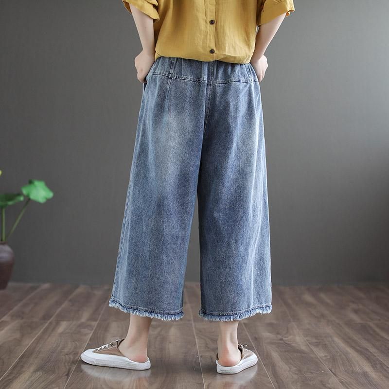 Retro Geborduurde Katoenen Blauwe Denim Broek Met Wijde Pijpen