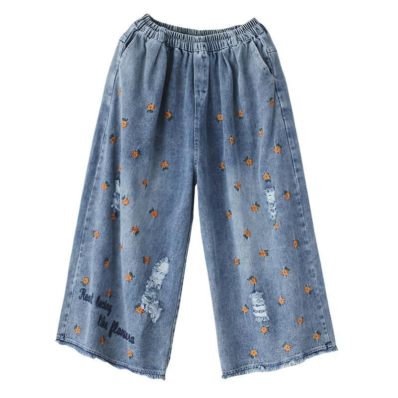 Retro Geborduurde Katoenen Blauwe Denim Broek Met Wijde Pijpen