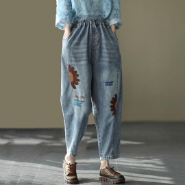 Retro Geborduurde Losse Harem Denim Broek