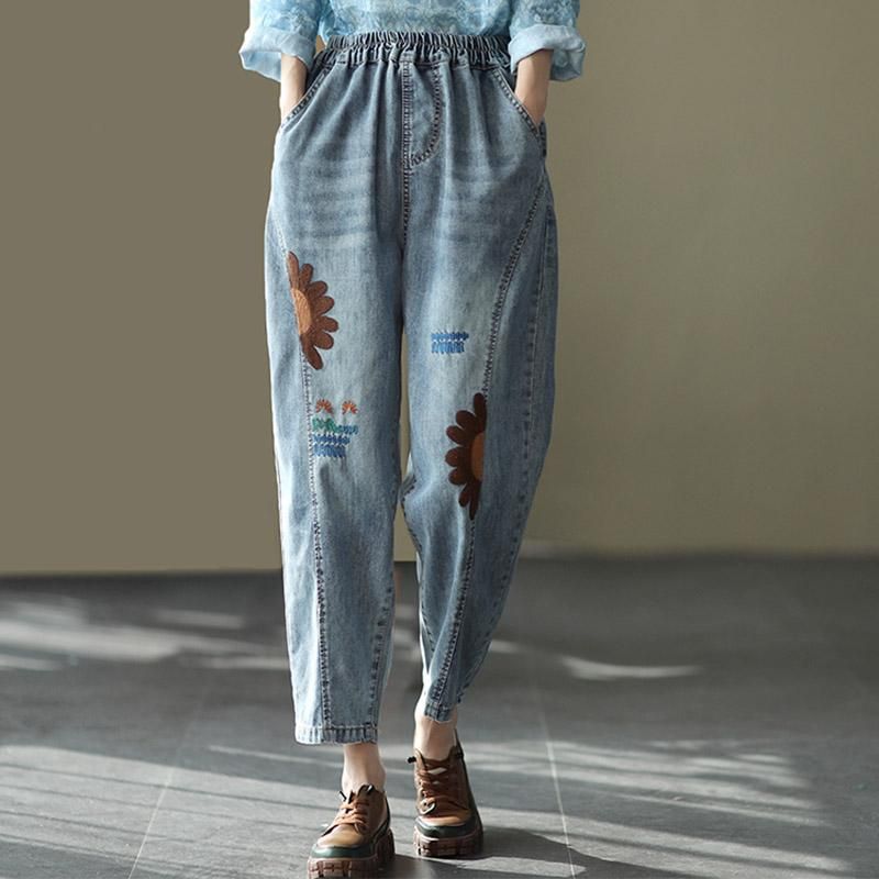 Retro Geborduurde Losse Harem Denim Broek