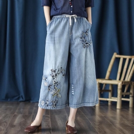 Retro Jeans Geborduurde Cropped Broek Met Wijde Pijpen