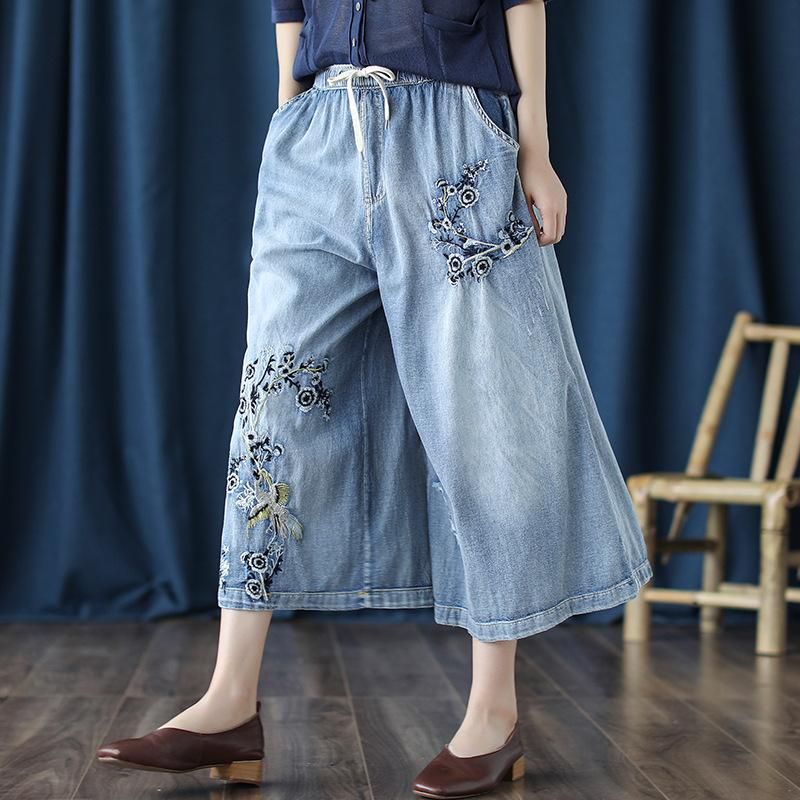 Retro Jeans Geborduurde Cropped Broek Met Wijde Pijpen