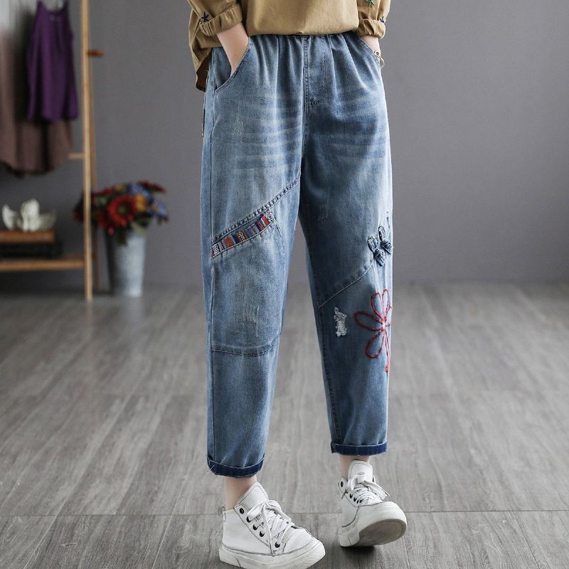 Retro Zomer Denim Geborduurde Harembroek