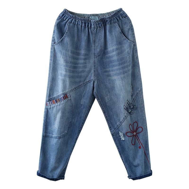 Retro Zomer Denim Geborduurde Harembroek