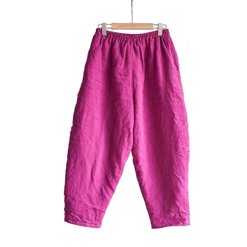 Rose Rode Elastische Taille Dikke Linnen Broek