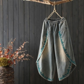 Vintage Geborduurde Losse Denim Broek Met Wijde Pijpen