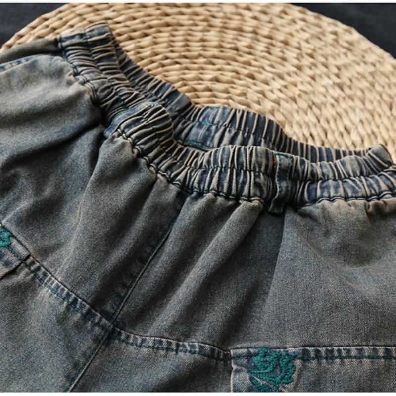 Vintage Geborduurde Losse Denim Broek Met Wijde Pijpen