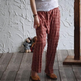 Vintage Linnen Casual Plaid Elastische Taille Cross-broek