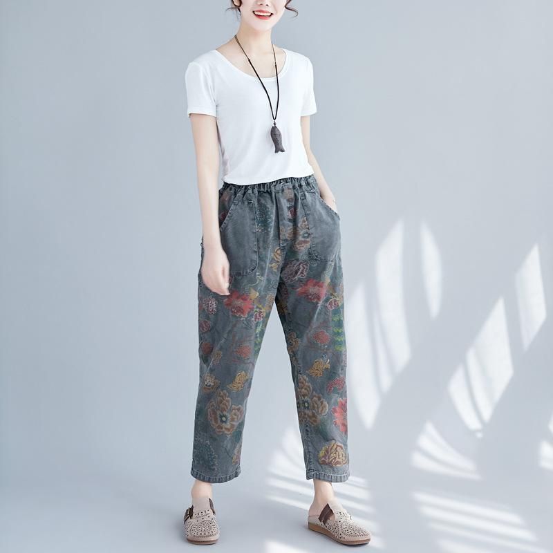 Vrouwen Casual Lente Vintage Bloemen Gedrukte Verzamelde Broek