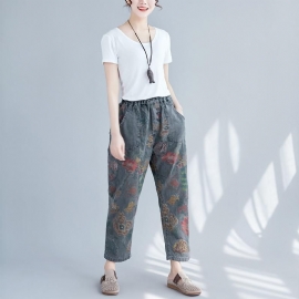 Vrouwen Casual Lente Vintage Bloemen Gedrukte Verzamelde Broek