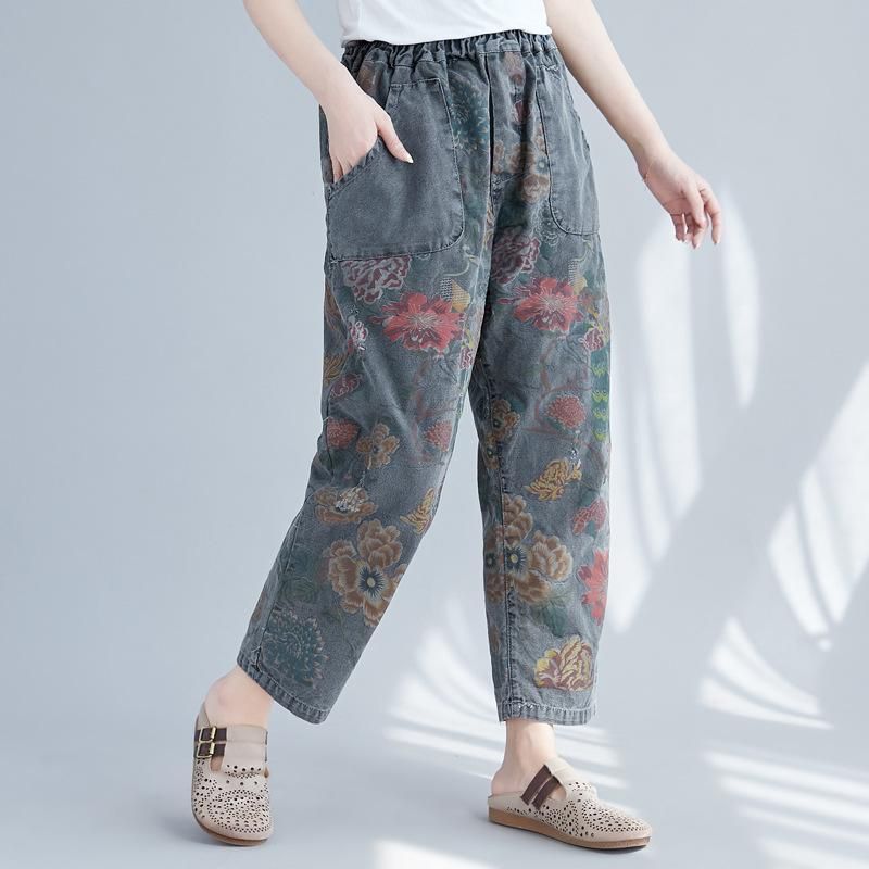 Vrouwen Casual Lente Vintage Bloemen Gedrukte Verzamelde Broek