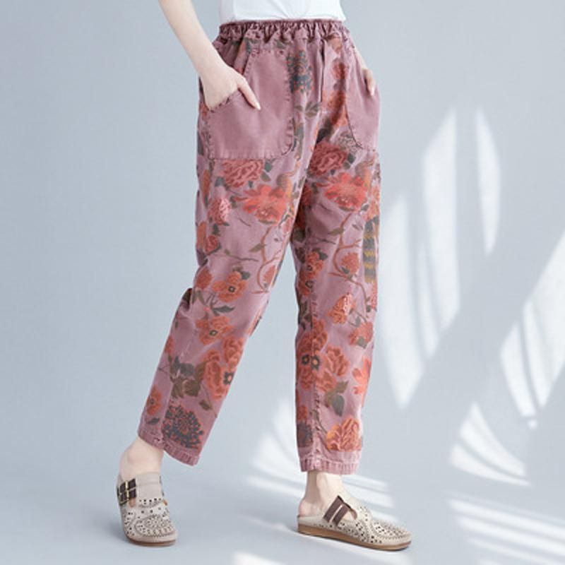 Vrouwen Casual Lente Vintage Bloemen Gedrukte Verzamelde Broek