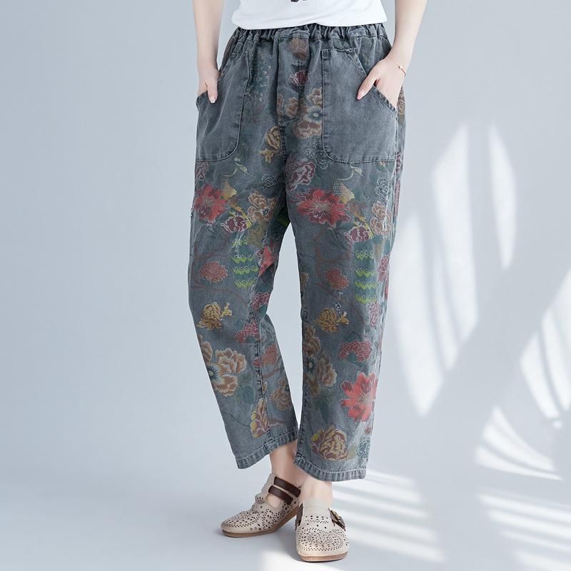 Vrouwen Casual Lente Vintage Bloemen Gedrukte Verzamelde Broek