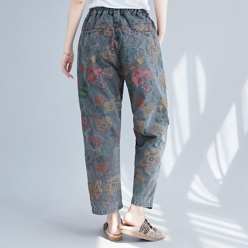 Vrouwen Casual Lente Vintage Bloemen Gedrukte Verzamelde Broek