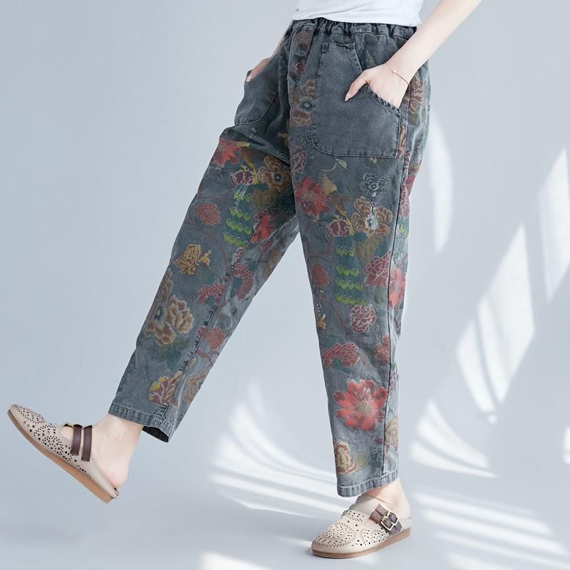 Vrouwen Casual Lente Vintage Bloemen Gedrukte Verzamelde Broek