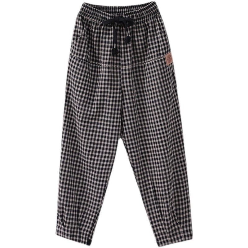 Vrouwen Lente Katoen Linnen Plaid Vetersluiting Taille Harembroek