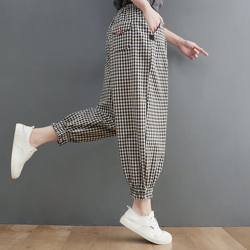 Vrouwen Lente Losse Plaid Linnen Harembroek