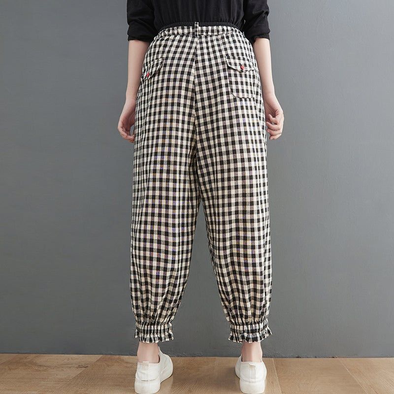 Vrouwen Lente Losse Plaid Linnen Harembroek