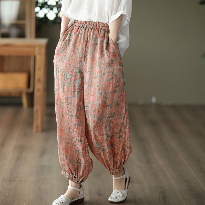 Vrouwen Retro Bloemen Zomer Losse Linnen Broek