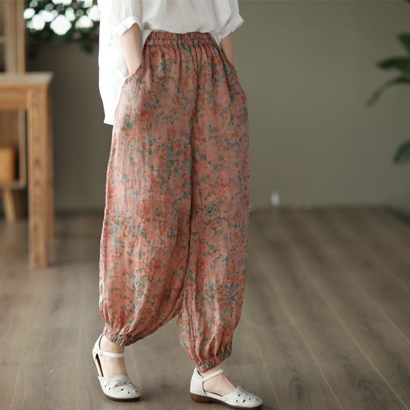 Vrouwen Retro Bloemen Zomer Losse Linnen Broek