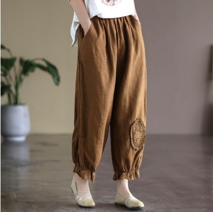 Vrouwen Vintage Linnen Kant Pactchwork Casual Broek