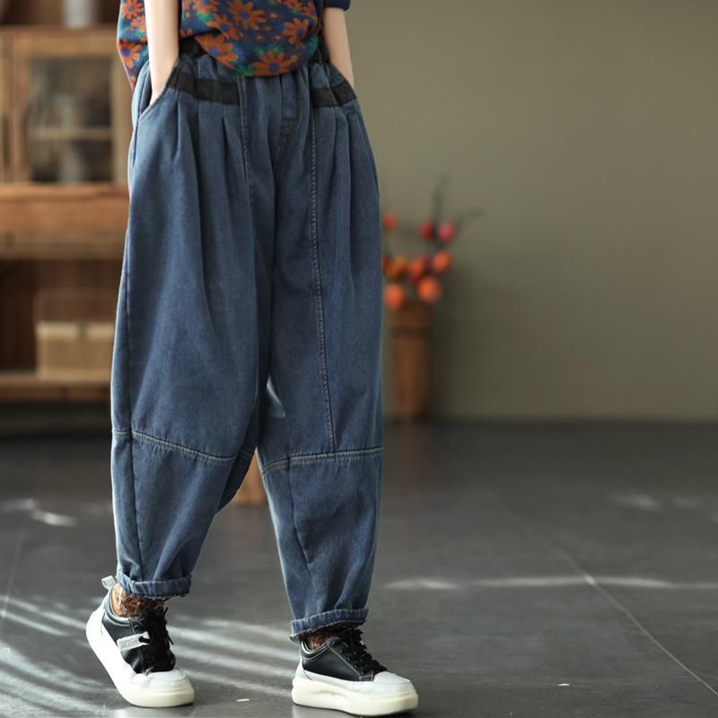 Winter Retro Patchwork Dikker Pluche Losse Harem Jeans