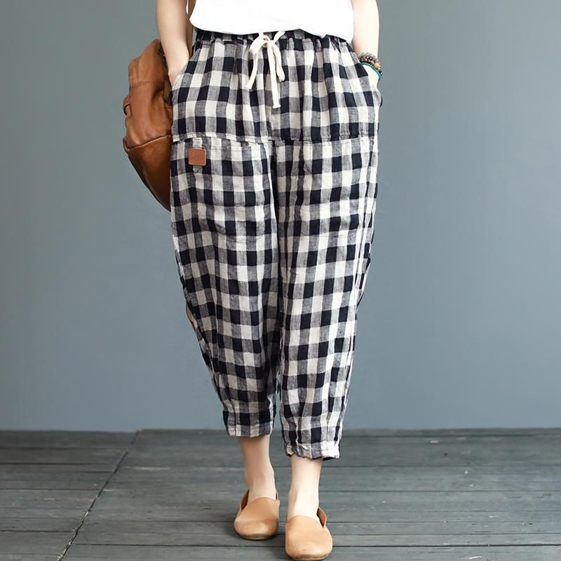 Zomer Nieuwe Plaid Katoen Linnen Losse Casual Broek