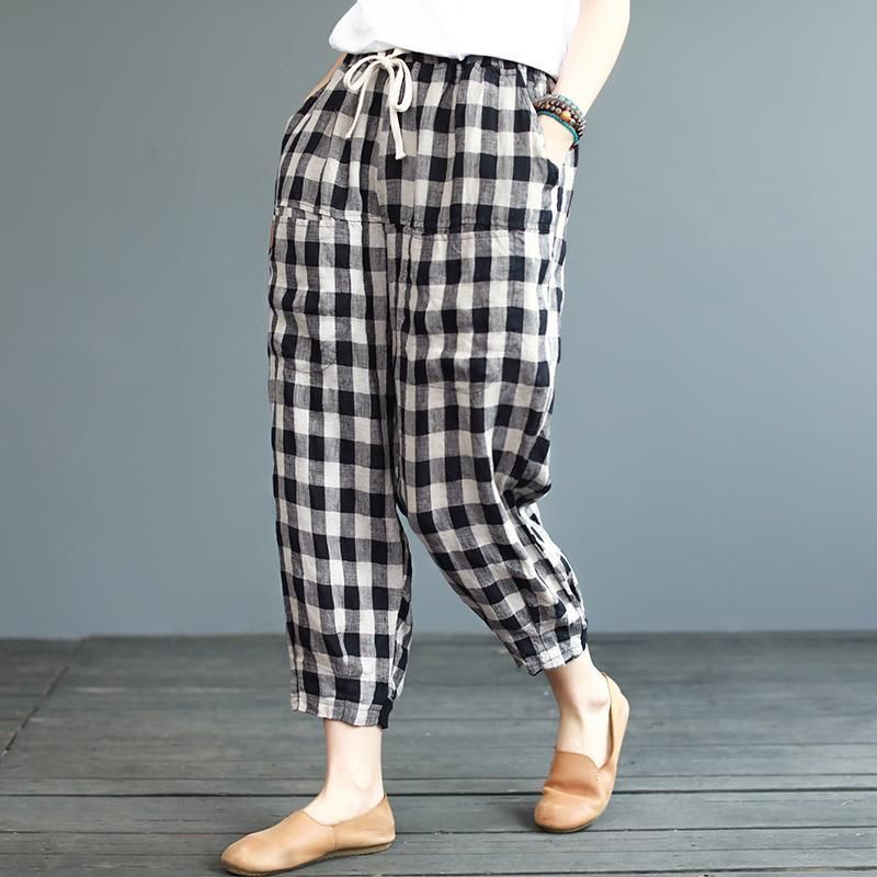 Zomer Nieuwe Plaid Katoen Linnen Losse Casual Broek