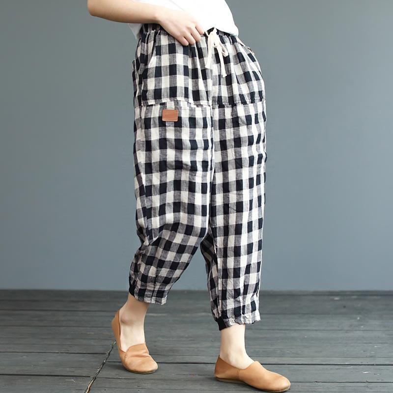 Zomer Nieuwe Plaid Katoen Linnen Losse Casual Broek