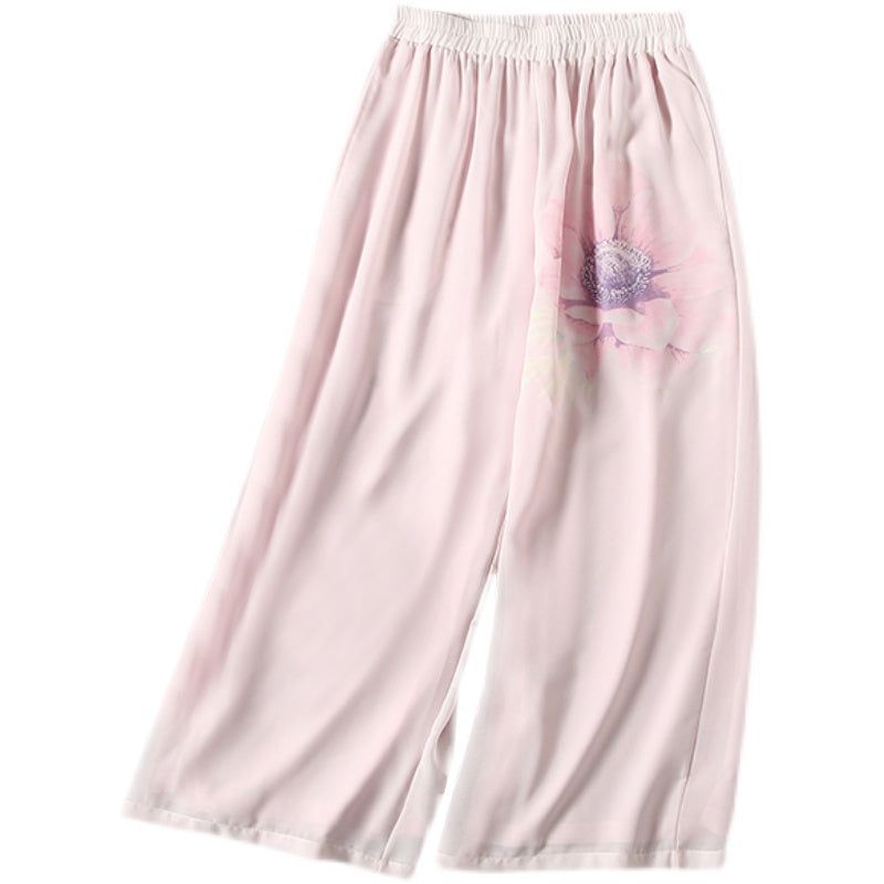 Zomer Retro Bloemen Chiffon Broek Met Wijde Pijpen