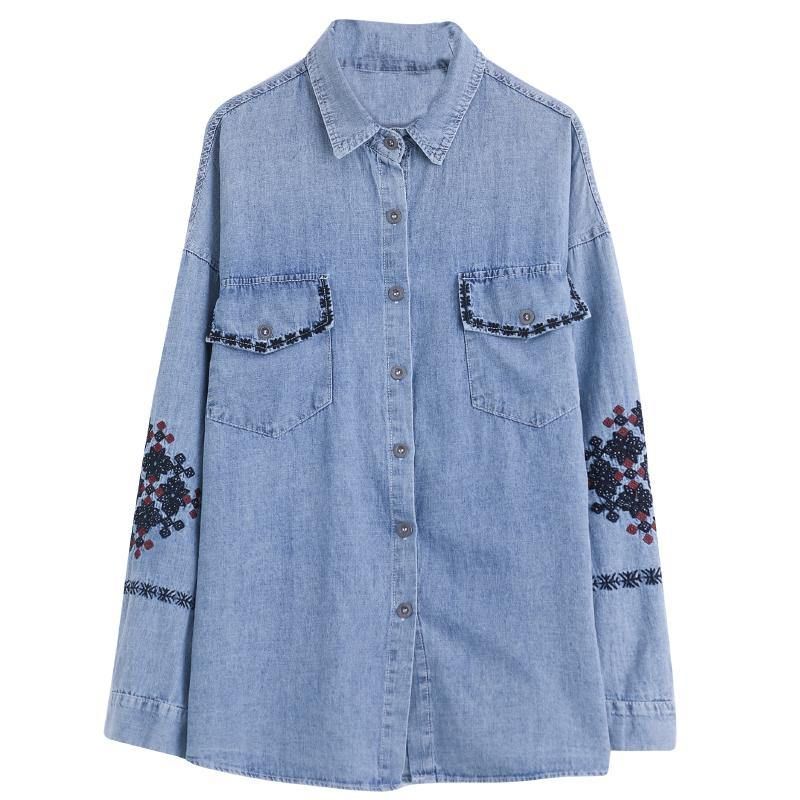 2022 Geborduurd Denim Shirt Lange Mouwen Herfst