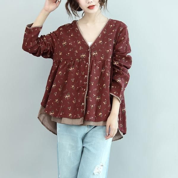 Bloemen Retro Dames Casual Katoenen Rood Shirt