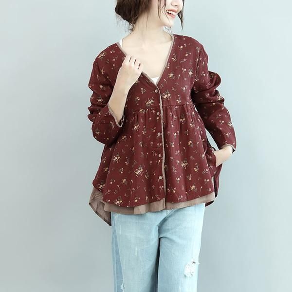 Bloemen Retro Dames Casual Katoenen Rood Shirt