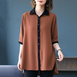 Chique Los Eenvoudig Effen Hoog Laag Shirt Met Lange Mouwen Plus Size