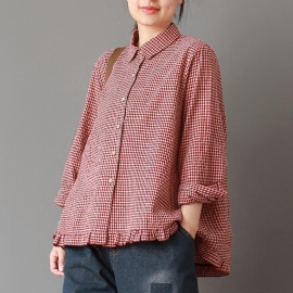 Dames Lente Plaid Turn-down Kraag Losse Shirt