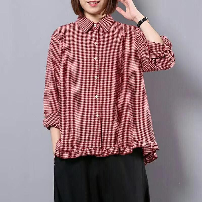 Dames Lente Plaid Turn-down Kraag Losse Shirt