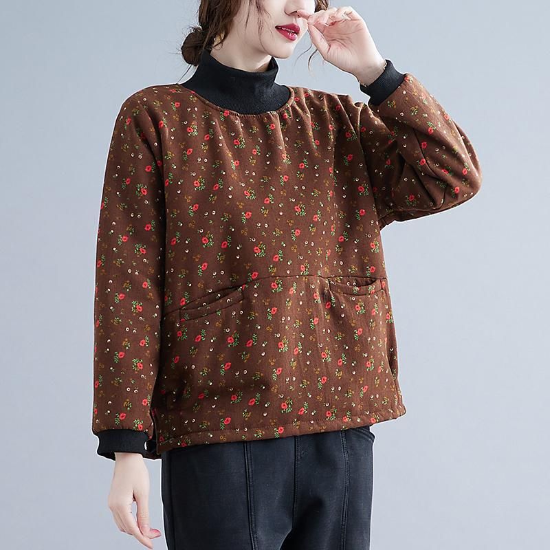 Dames Winter Retro Plush Bloemen Plus Size Shirt