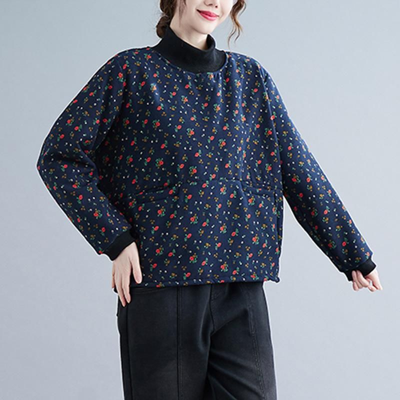 Dames Winter Retro Plush Bloemen Plus Size Shirt